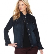 Crafted from denim, INC's ruffled plus size jacket is an ideal layer for your fall looks!