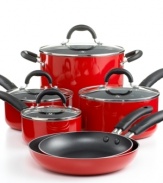 Keep your cool when cooking! This comprehensive set brings nonstick technology to the helm of your kitchen, creating delicious healthy meals made with less fat and oil. The porcelain-enameled body of each piece promotes quick and even heating that produces masterful results each and every time. Limited lifetime warranty.