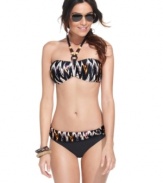 A global-glam look from Cole of California is sure to make a splash! Ikat print and wooden beads liven up this bandeau halter bikini top.