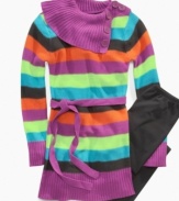 Trendy and versatile 2 piece set by Planet Gold includes a multi color stripe sweater and legging. Will go great with flats or boots.