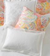 With tropical hues and paisley swirls, the Jamaica collection brings a sunny Caribbean cheer to the bedroom. Decorative pillow has sleek silk body with white cotton voile cover. Bead-tipped self ties. Back closure. (Clearance)