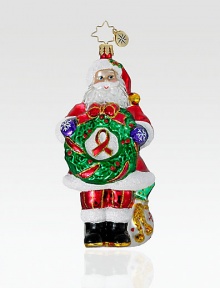 A pleasant reminder of what the holiday season is all about, purchase this hand-painted Santa ornament and a portion of the proceeds will benefit AIDS Awareness. Hand-blownHand-painted5 highMade in Poland