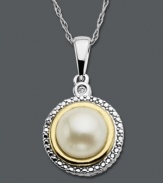 The sweetest summer birthday. She'll adore this personalized pearl (7 mm) pendant, June's beautifully-polished birthstone. Crafted in 14k gold and sterling silver with a sparkling diamond accent. Approximate length: 18 inches. Approximate drop: 1 inch.