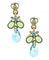 Add a bright pop of color for spring. 2028 earrings feature lively blue zircon stones and sparkling green crystals set in brass tone mixed metal. Approximate drop: 2-1/2 inches.