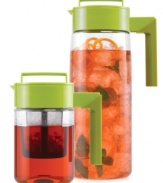 Treat your taste buds to full-flavored iced tea made at home! This tea maker and chilling pitcher set makes a brilliant brew in three easy steps-simply steep tea, transfer to pitcher, chill and enjoy!