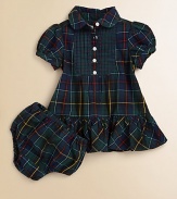 Classically preppy tartan plaid and a pintucked bib front complete a timeless woven cotton dress.Peter Pan collarShort puffed sleevesButton-frontRuffled hemCottonMachine washImported Please note: Number of buttons may vary depending on size ordered. 