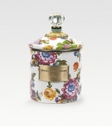 A garden-fresh lidded canister makes a cheery kitchen container or home organizer, crafted in hand-glazed and -decorated steel with bright florals, bronze hardware and a clear acrylic knob. Enameled steel 38-ounce capacity 4¼H X 5 diam. Dishwasher safe Imported 