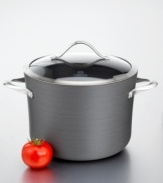 Keep it simple with versatile equipment. This 8-quart nonstick stock pot has a capacity indicator line on the rim, making it easy to bring straight from the kitchen to the table. Simmer stews, soups and more in this stock pot. Made of heavy-gauge aluminum, it has an anodized exterior, durable nonstick interior for healthy, low-fat cooking, ergonomic handle that stays cool during stovetop cooking and durable tempered glass lid that nestles within for a clean look. The stainless steel band adds style and functionality - there are less crevasses for food to get stuck in. Branded with Calphalon® logo.