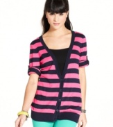 What's the best kind of cardi to own? The one that we want to live in! This long, striped style from Pink Rose is supremely cozy -- and boasts roll-tab sleeves that allow you to choose the length!