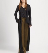 Cut from a sweeping silk blend for a wide-leg silhouette, these elegant pants finish the look with bold contrast trim and a touch of texture. Button closureZip flyFront slash pocketsRise, about 10Inseam, about 3763% viscose/37% silkDry cleanMade in USA of imported fabricModel shown is 5'7 (174cm) wearing US size 2.