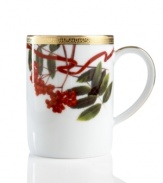 A new holiday classic, the Holly Berry mug features filigree-patterned gold and beautiful Christmas botanicals in elegant white porcelain. Complements Grand Buffet Classic Gold and Red Rim dinnerware.