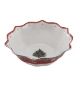 Play up the fun with this Toy's Delight rice bowl from Villeroy & Boch. Fine porcelain in a playfully ruffled shape is trimmed with intricate patterns, classic toys and festive decorations to create magical holiday setting. With a surprise tree inside.