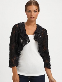 EXCLUSIVELY AT SAKS. A classic bolero silhouette, dressed up with ribbon trim in a stunning lace design.Lace collarThree-quarter sleevesOpen frontPolyesterAbout 18 center backDry cleanMade in the USA of imported fabric