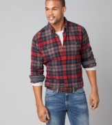 Your rugged look charms with this plaid Tommy Hilfiger shirt.