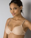 Features soft molded cups and adjustable straps. Delicate lace on front in center and sides. Hook and eye closure.