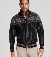 Kick back at the ski lodge in this cool retro sweater, adorned with snowflake weave and polka dots, with a button down closure and contrast stripe trim.