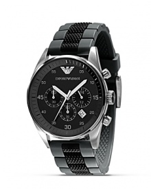 From Emporio Armani, a black chronograph watch with round black/grey dial and three eyes. Black textured silicon strap. Sweep secondhand.