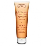 A true cleansing sensation! Clarins' triple-texture cleansing gel transforms into an oil that melts away every last trace of excess oil and impurities including the heaviest makeup. Water activates into a silky milk that rinses skin clean. It soothes and nourishes with Marula Oil for optimal radiance and comfort. Made in France. 4.2 oz. 