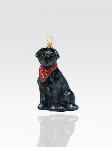 A celebration of Poland's time-honored glassmaking tradition, this charming glass pup sculpture, complete with a holiday bandana, is lovingly crafted by skilled artisans. Mouth-blown Hand-painted Gift boxed 3 high Imported