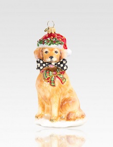 The perfect gift for that passionate golden retriever lover on your list, this pup is dressed for the holidays and brings his own Courtly Check bone to the party, in mouth-blown, hand-painted glass.Glass4.75H X 2.5W X 2.5DImported Please note: Due to their handmade nature, ornaments may vary slightly. 