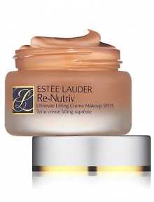 ReNutriv Ultimate Lifting Creme Makeup SPF15 combines leading-edge technology with proven makeup expertise and leaves skin looking absolutely flawless. Exceptionally emollient formula instantly boosts moisture levels so skinappears dramatically smoother and more youthful. After 8 weeks, it visibly tones skin to add apparent lift and spring and reduce the appearance of lines and wrinkles. Color-true, long wearing formula. Includes a golden applicator spoon and luxe sponge applicator. 1 oz. 