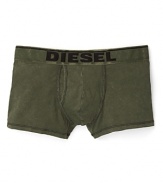 These classic cut Diesel boxer trunks in fatigue green feature a bold logo waistband.