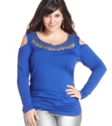 Heat up your look with ING's cold-shoulder plus size top, accented by a beaded neckline.