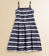 She'll be the belle of the ball in this flouncy, frilly, striped frock.SquareneckSpaghetti strapsHidden back zipperPleated, full skirtPolyester shantungMachine wash; dry flatImported