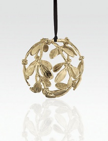 Sprigs of pretty mistletoe are artfully crafted into a lacy sphere with a golden finish and lots of holiday dazzle.HandmadeGoldplatedAbout 4 diam.Imported