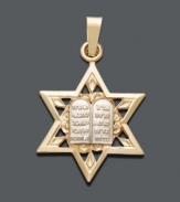 Add intricate style to express your faith. This ornate pendant features a cut-out star with the commandments at center. Crafted in 14k gold and 14k white gold. Approximate drop width: 1/2 inch. Approximate drop length: 1 inch.