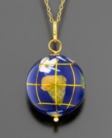 Give her the world! This handcrafted enameled globe pendant is inlaid with lapis, jade, jasper and a host of other semi-precious stones from around the world. Accented in gleaming 14k yellow gold, 15mm globe hangs from a matching 18 gold chain with spring-ring clasp. The perfect gift for the avid traveler!