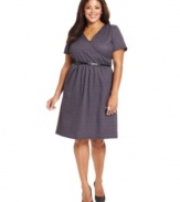 A flattering A-line shape elegantly defines NY Collection's short sleeve plus size dress, accented by a belted waist.