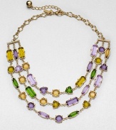 Add a touch of color with this pretty multicolored, faceted design in a feminine multi-row design. Glass and plastic stones12k goldplated brassLength, about 16Lobster clasp closureImported 