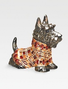 An adorably-outfitted Scottish terrier figure, carefully handcrafted in antique goldplated pewter with an enameled sweater and hand-set Swarovski crystal detail. 1¾W X 3H X 3½D Made in USA 