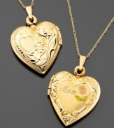 Give mom the best. This exquisite 14k gold heart-shaped locket features scroll molding and a rose with Mom inscribed in the center. The perfect gift for Mother's Day. Chain measures approximately 18 inches; drop measures approximately 1-1/4 inches.