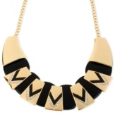 A daring style takes shape in this frontal necklace from Haskell. Crafted from gold-tone mixed metal with black and gold-tone geometric segments, the necklace makes a bold statement. Approximate length: 13 inches + 3-inch extender. Approximate drop: 1-1/2 inches.