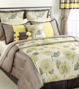 Update your room in a splash of style with this Peony comforter set, featuring a printed pattern of peonies with a lustrous sheen. A soft, yellow, gray and tan colorway and whimsical accents shape all the components you need for an effortless refresh.