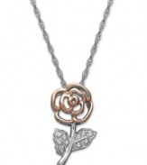 Prim and proper. A pretty flower with diamond-decorated petals (1/10 ct. t.w.) creates a springtime statement year round! Crafted in sterling silver and 14k rose gold. Approximate length: 18 inches. Approximate drop: 7/8 inch.