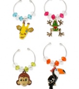 When at a party, it can be a jungle out there. This wine glass charm set from Betsey Johnson will help you navigate it. Crafted from silver-tone mixed metal with cute critters made from beaded accents, the charms sure your glass doesn't get lost in the crowd. Items come packaged in a signature Betsey Johnson Gift Box. Approximate drop, parrot: 1-1/4 inches; frog: 1 inch; giraffe: 1 inch; monkey: 3/4 inch.