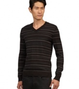 Stripes are always in season, and this Kenneth Cole New York v-neck sweater will keep you on top of the trend.