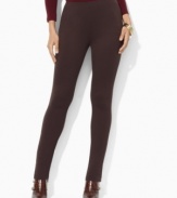 A slim, fitted leg creates a modern look on Lauren Ralph Lauren's flattering petite pant in sleek stretch jersey.