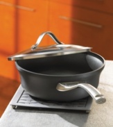 Keep it simple with versatile equipment. This 2.5-quart nonstick shallow saucepan has a capacity indicator line on the rim, making it easy to bring straight from the kitchen to the table. You'll use this handy saucepan regularly. Made of heavy-gauge aluminum, it has an anodized exterior, durable nonstick interior for healthy, low-fat cooking. The ergonomic handle that stays cool during stovetop cooking. The stainless steel band adds style and functionality - there are less crevasses for food to get stuck in. Branded with Calphalon® logo. Lifetime warranty.