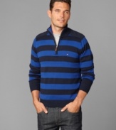 Big bold stripes set this Tommy Hilfiger sweater apart from others in your lineup.