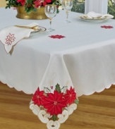 A soon-to-be holiday favorite, the Poinsettia Trio tablecloth is perfect for the busy host in machine washable polyester and, with delicate cutwork and cheery Christmas blooms, inspires unforgettably festive meals. From Homewear.