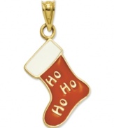 Santa will certainly want to fill this stocking! Crafted in 14k gold, stocking features a cute white and red enamel design and Ho Ho Ho script. Chain not included. Approximate length: 1 inch. Approximate width: 2/5 inch.