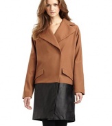 THE LOOKNotch lapelConcealed front snap closureLong sleevesFront flap pocketsExtended leather hemTHE FITAbout 36 from shoulder to hemTHE MATERIAL80% wool/20% nylonTrim: LeatherFully linedCARE & ORIGINDry clean by leather specialistImported