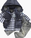 Cover all the bases to keep him comfy with this striped shirt, jeans and vest set from Calvin Klein Jeans.