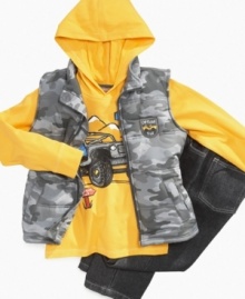 He can build up his outdoor style with this rugged and warm set from Kids Headquarters – includes a camo puffer vest, hoodie and pants.