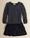 A double tier ruffle hem adds fun and flounce to this striped waffleknit shirtdress.