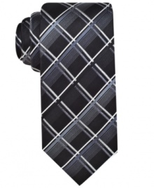 A funky grid pattern gives this silk tie from Alfani a uniquely handsome look.